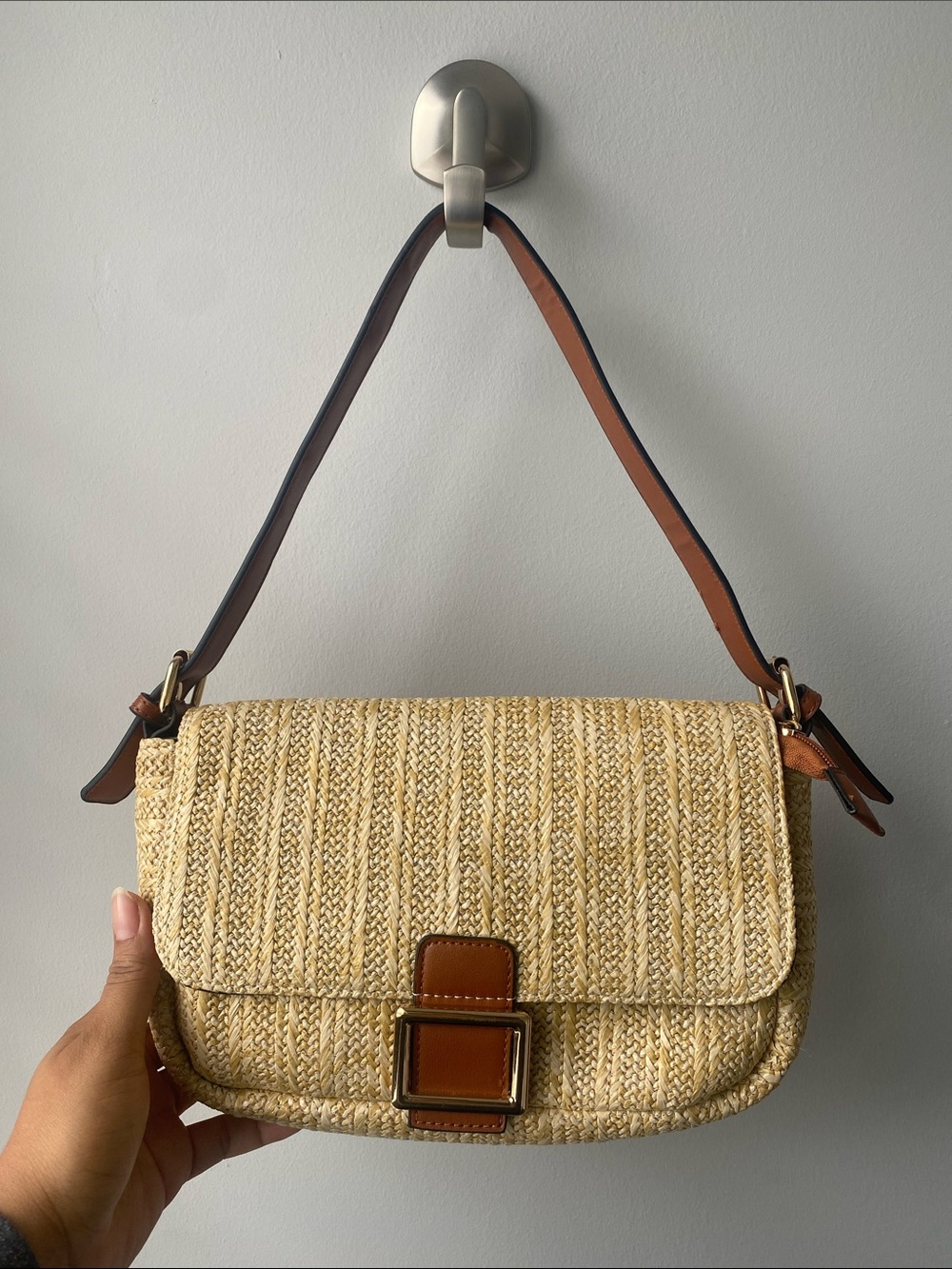 Woven Straw Shoulder Bag with Brown Leather Trim